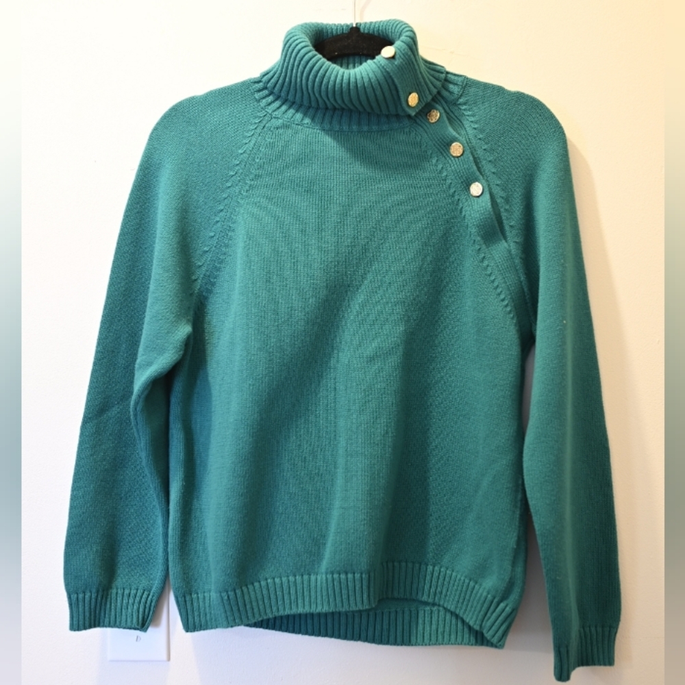 Charter Club 100% Cotton Green Cowl Turtle Neck Sweater Gold Button Accents L/P